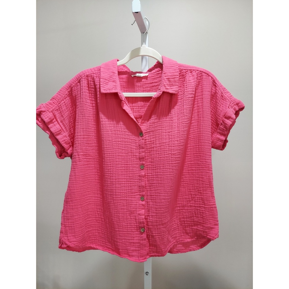 Beachlunchlounge Hot Pink Cotton Gauze Short Sleeve Button Down Shirt LST7078